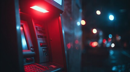 Illuminated ATM at night, surrounded by colorful bokeh lights.