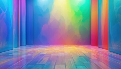 Vibrant Rainbow-Colored Abstract Art Space with Bright Lighting and Smooth Wooden Floor