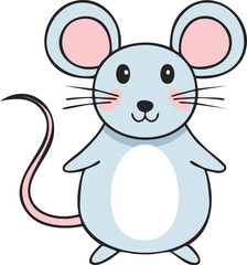 Cartoon illustration of a cute light blue mouse with pink details, standing upright and smiling.