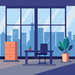 Modern office interior with big windows. Office furniture and plant on the floor vector on office background.