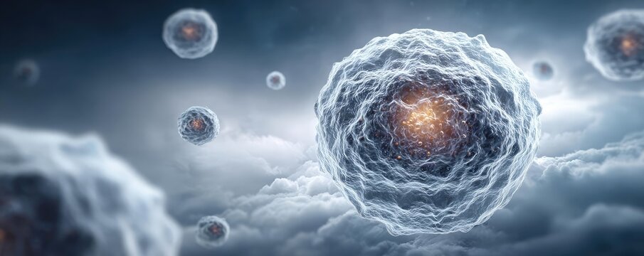 Weak immune in fatigue effect concept. Microscopic view of cells in a dramatic cloud-like environment.