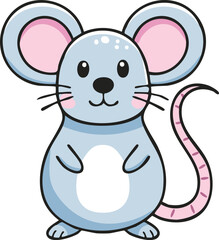 Adorable cartoon mouse, light blue, pink ears, standing, smiling.