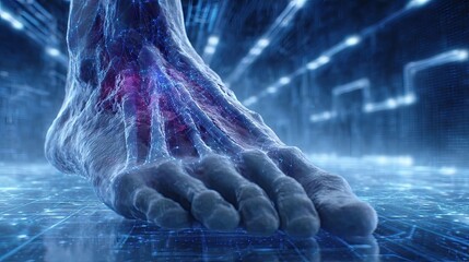 Fluid retention in swollen ankle concept. Futuristic digital representation of a human foot.