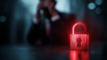 A distressed man in a suit with his head in his hands, with a glowing red padlock in the foreground symbolizing security concerns.