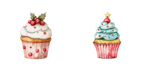 christmas cupcake watercolor vector illustration