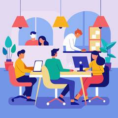 Workers sitting on the desk in office vector on office background.