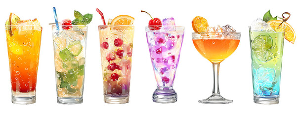 Colorful array of refreshing cocktails in various glasses.
