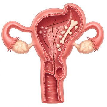 an ovary with a dermoid cyst (teratoma), showcasing its unique internal components such as hair, teeth, or bone structures embedded within a fatty matrix