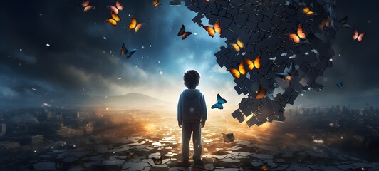 A butterfly and Child divided into puzzle pieces, each piece painted, generative AI