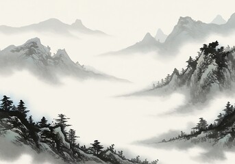 Misty Mountain Ink Wash Painting: Tranquil Peaks & Serene Clouds