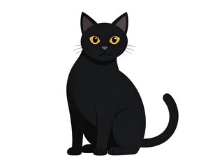 Fototapeta premium A sleek black cat sits, facing forward, with bright orange eyes and a slightly curled tail