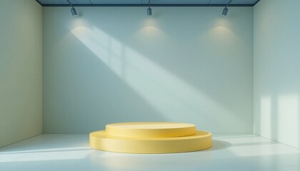 Minimalist Modern Platform Display in Light Blue Studio with Spot Lighting for Product Showcase or Art Exhibitions