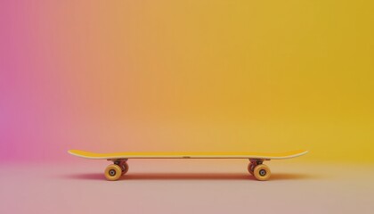 Modern Longboard Skateboard with Yellow Deck and Orange Wheels on Colorful Background