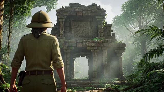 Cinematic 3d animation of a female explorer in a pith helmet discovering ancient temple ruins in a lush jungle

