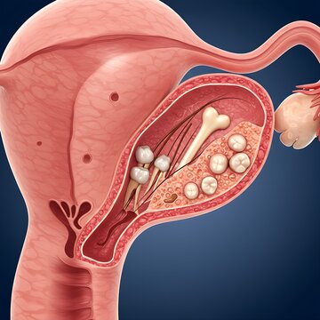 an ovary with a dermoid cyst (teratoma), showcasing its unique internal components such as hair, teeth, or bone structures embedded within a fatty matrix