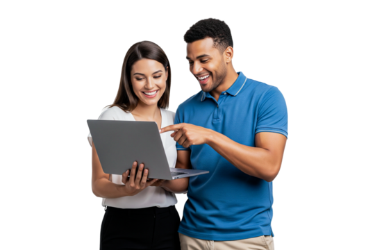 young couple with laptop isolated on white