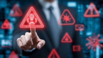 A professional male in a suit interacts with digital warning icons, showcasing cybersecurity and risk awareness.