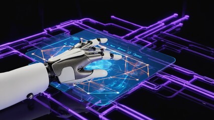 Robotic hand with realistic mechanical fingers interacting with a futuristic transparent touchscreen interface, artificial intelligence, automation, and next-generation human-machine interaction.