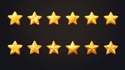 Fototapeta premium Gold star rating icons. Various star shapes, sizes, and textures, suitable for online review, feedback, or game UI design