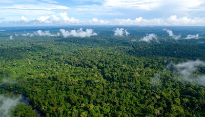Fototapeta premium Aerial View of Lush Rainforest Canopy with Clouds, Drone Photography, Amazon, Nature Rainforest, Aerial Photography