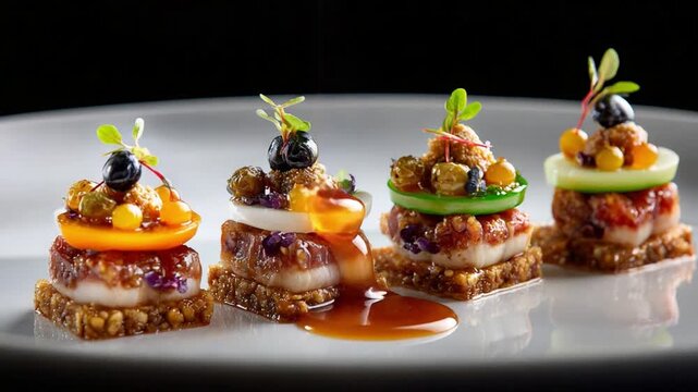 Culinary Delights: A beautifully arranged quartet of miniature gourmet creations on a pristine plate, a visual feast of color and texture, reflecting fine dining and culinary artistry.