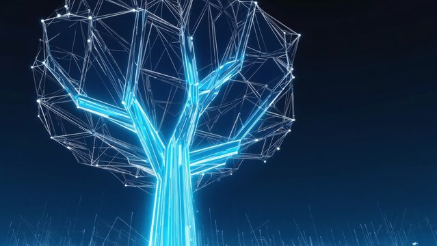High-tech abstract tree structure made of glowing polygonal connections and bright neon lines visualizes digital growth, innovation, neural networks, the concept of artificial biological intelligence.
