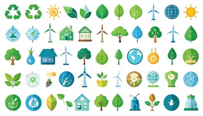 A collection of 50 flat-design icons representing environmental themes