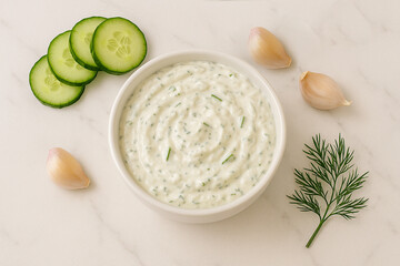 Tzatziki Sauce in Ceramic Bowl with Ingredients – AI-generated