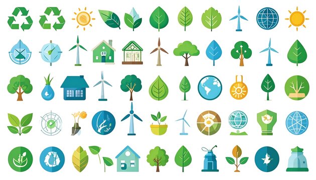 A collection of 50 flat-design icons representing environmental themes