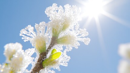 Frosty buds sparkle in the winter sunlight