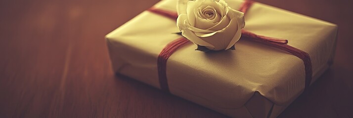 Gift wrapped with pale rose and red ribbon.