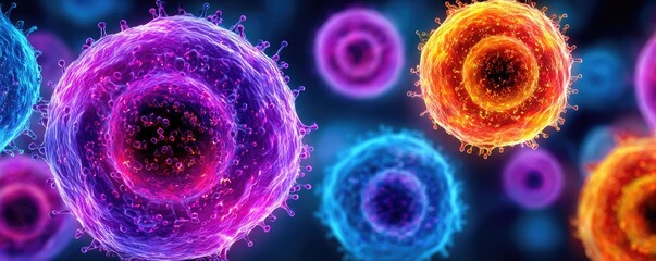 Weak immune in fatigue effect concept. Colorful and vibrant depiction of microscopic cells under a microscope.