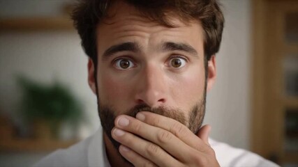 A man with brown hair and a short beard, looking shocked while holding his hand over his mouth - Powered by Adobe