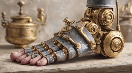 Swelling check for foot edema concept. Detailed close-up of a metallic prosthetic foot with intricate design.