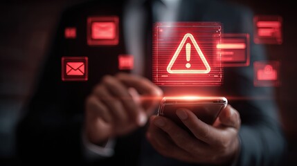 A businessman interacting with a smartphone, displaying a digital warning symbol, emphasizing cybersecurity awareness.
