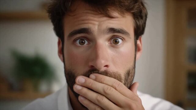 A man with brown hair and a short beard, looking shocked while holding his hand over his mouth