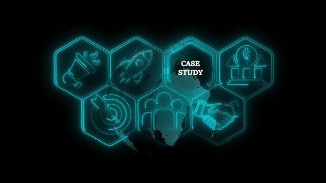 Business Strategy Success Case Study Icons with World Map and Neon Glow