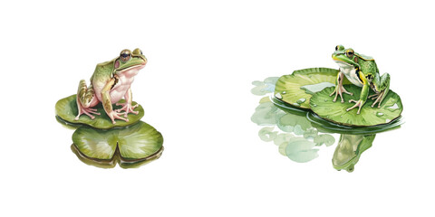 frog jumping on lily pads watercolor vector illustration