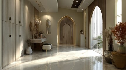Elegant home entrance with arched doors, neutral tones, and luxurious marble flooring