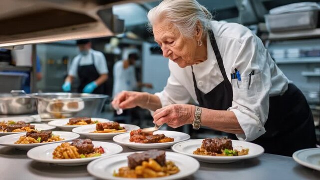 Culinary Craft: A seasoned chef, impeccably dressed in a crisp white coat, meticulously adds the finishing touches to a series of gourmet dishes. The kitchen comes alive. 