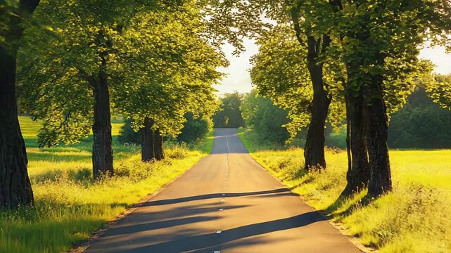 Empty country road leading through lush green trees at sunset