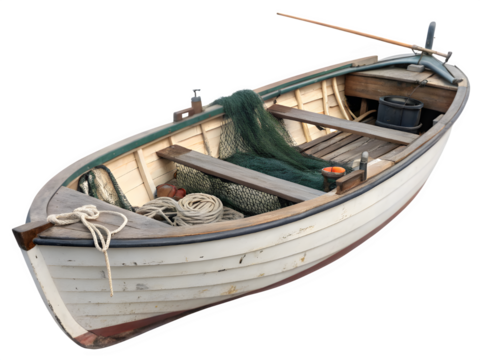 Old wooden rowboat with fishing net and rope on black background