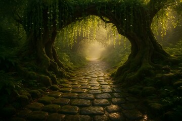 Magical Pathway in a Secret Garden with a Natural Arch and Golden Sunlight