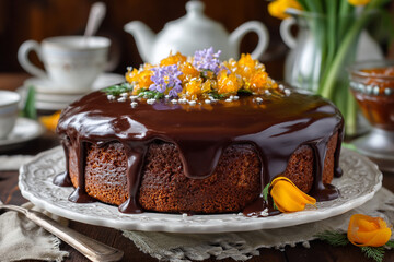 A chocolate cake with flowers on a white plate with tea set in the background