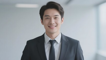 A man in a suit and tie stands confidently, smiling at the camera in a modern office setting.