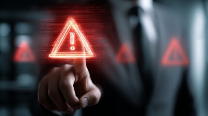 A businessman in a suit interacts with a digital warning symbol, indicating potential alerts or hazards.