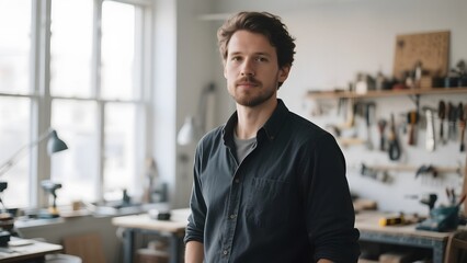 Man standing in a well-lit workshop with tools and equipment around