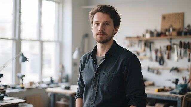 Man standing in a well-lit workshop with tools and equipment around