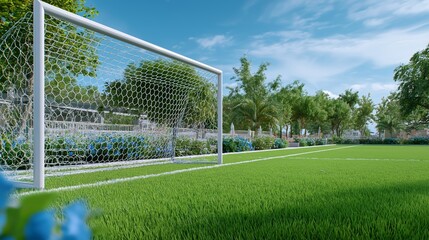 Fototapeta premium Soccer goalpost on lush green field surrounded by blooming flowers and tropical park scenery in sunny outdoor setting, Generative AI