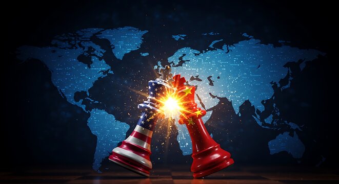 US versus China trade war concept with chess pieces conflict